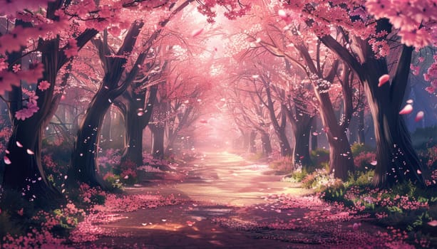 A path through a forest of cherry trees by AI generated image.