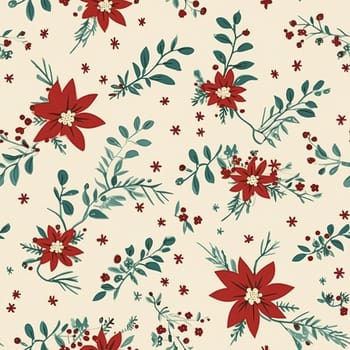 Seamless pattern, tileable vintage holiday botanical poinsettia Christmas country print for wallpaper, wrapping paper, scrapbook, fabric and product design art