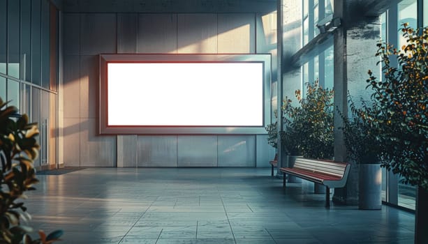 A large white billboard sits on a wet sidewalk in a city by AI generated image.