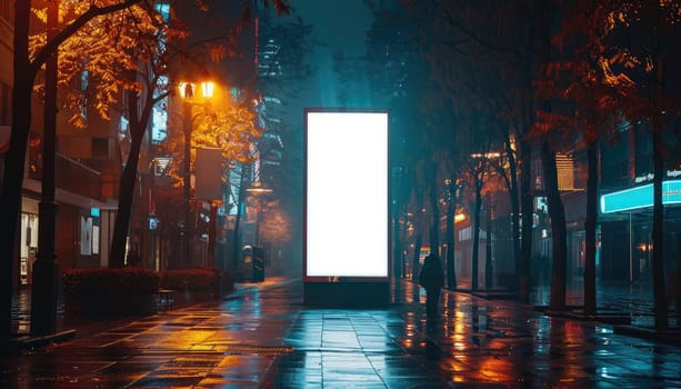 A large white billboard sits on a wet sidewalk in a city by AI generated image.