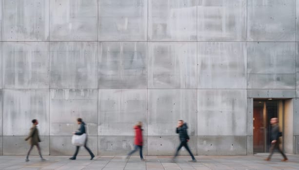 A group of people walking down a sidewalk in front of a wall by AI generated image.