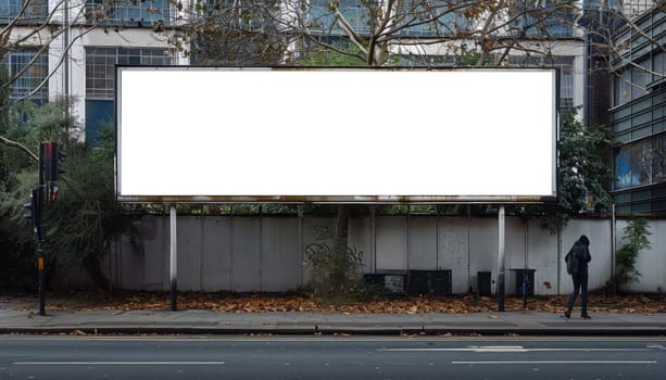 A large white billboard sits on a wet sidewalk in a city by AI generated image.