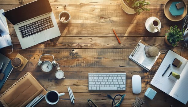 A desk with a black chair and a black desk with a laptop and a pen holder by AI generated image.