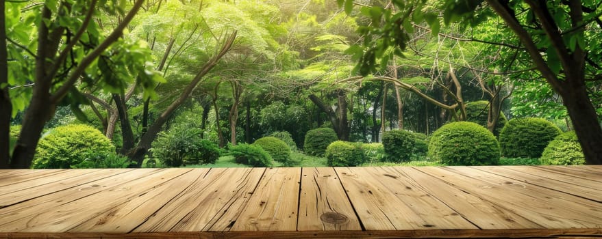A wooden table with a view of a lush green forest by AI generated image.