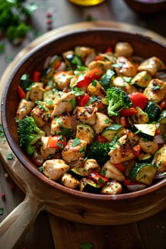 A colorful dish of chicken and vegetables served on a rustic wooden cutting board, showcasing a blend of nutritious ingredients and vibrant produce