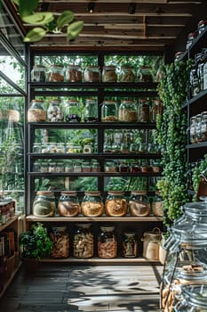 The buildings facade features a greenhouse filled with jars of food and terrestrial plants, creating a symmetrical garden space with wood, glass, and metal fixtures