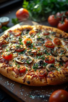 A Californiastyle pizza topped with mushrooms, tomatoes, and cheese is displayed on a wooden cutting board, showcasing the staple food in fast food cuisine