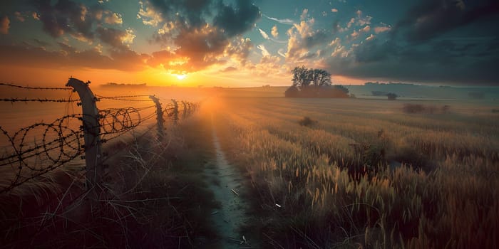 A barbed wire fence encircles a grassy field as the sun sets, creating a calm atmosphere in the natural landscape. The sky above is painted with clouds and hues of dusk