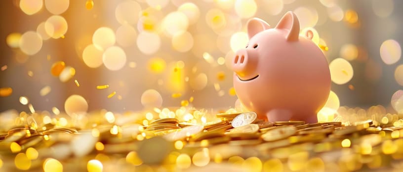 A pig is sitting on a pile of gold coins.