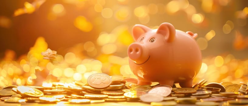 A pig is sitting on a pile of gold coins. The pig is smiling and he is happy. Concept of wealth and abundance