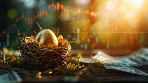A nest with a golden egg in it sits on a wooden table. The table is covered with a stack of dollar bills