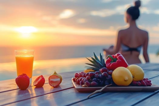 Lifestyle Wellness concept, An image that focuses on healthy fruit and vegetable juices with a background women and sea.