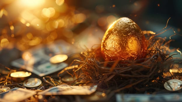 A nest of twigs and a gold egg on top of a pile of money.