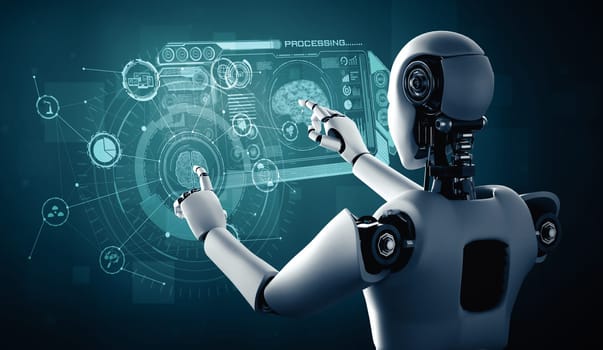 MLP 3d illustration AI humanoid robot touching virtual hologram screen showing concept of AI brain and artificial intelligence thinking by machine learning process. 3D illustration.