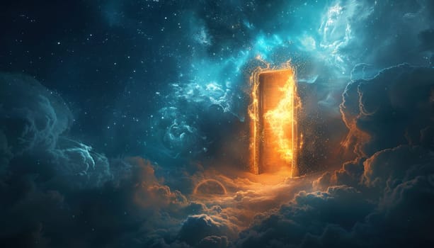 A door is open in a space filled with orange and blue clouds.