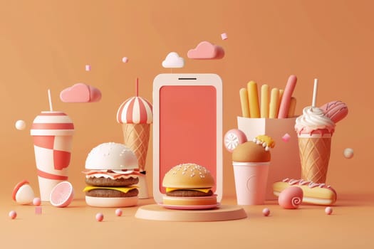 A food delivery app is shown on a phone with a variety of food items such as hamburgers, hot dogs, and ice cream