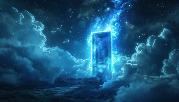 A blue door is shown in the sky with clouds and stars. The door is glowing and he is an entrance to another world. Scene is mysterious and otherworldly