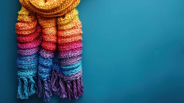 A colorful scarf is hanging on a blue background. The scarf is made of yarn and has a rainbow of colors. Concept of warmth and comfort, as the scarf is likely to be worn during cold weather
