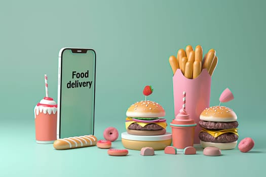 A food delivery app is shown on a green background with a variety of food items.