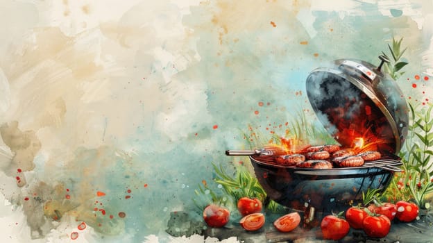 A painting of a grill with meat and tomatoes on it.