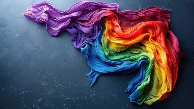 A colorful scarf is draped over a table. The scarf is made of many different colors, including red, blue, yellow, and green. The colors are arranged in a rainbow pattern, with the red on the left