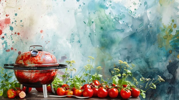 A painting of a grill with meat and tomatoes on it.