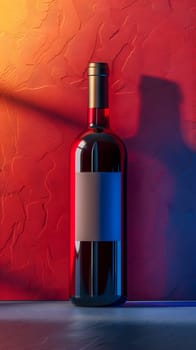 A glass bottle of red wine with a cork stopper is displayed on a table against a red and blue wall, ready to be enjoyed as a delicious drink