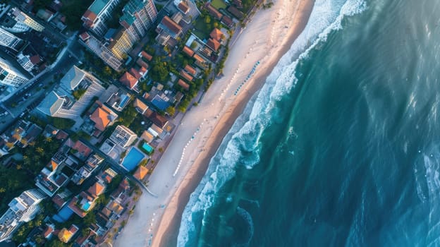 An aerial view of a city by the waterfront showcasing urban design, architectural buildings, and natural landscapes including condominiums, houses, and art installations AIG50