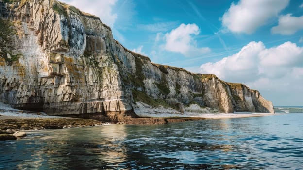 A boat navigates through a canyon alongside a tranquil body of water, surrounded by towering bedrock and a picturesque natural landscape AIG50