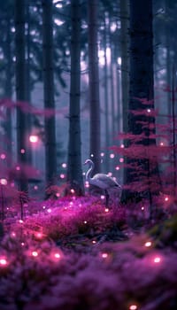 A flamingo stands in a forest surrounded by purple flowers and terrestrial plants. The scene is illuminated by magenta and violet automotive lighting