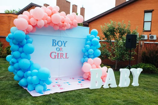 Photo zone Gender party .Waiting for a child who wakes up a boy or girl .Photo zone is decorated with balls and inside the text.
