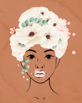 watercolor poster. line portrait of a young African-American woman. hairstyle with white anemone flowers and a graceful butterfly exudes elegance and tenderness. diversity and individuality.