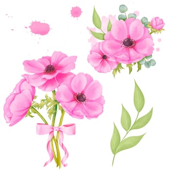 Watercolor set. a bouquet of pink anemones, a sprig of greenery, boutonniere, and floral-colored watercolor splashes. for stationery, wedding invitations, greeting cards, packaging design home decor.