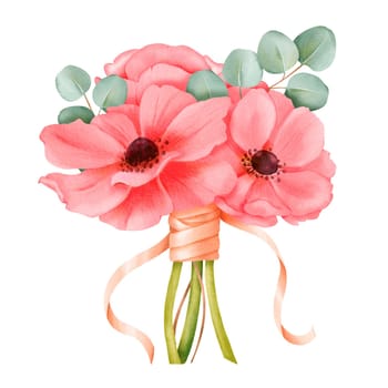 A bouquet of watercolor pink anemones embellished with eucalyptus leaves and satin ribbons. for enhancing wedding invitations, event decorations, botanical-themed designs creations, artistic projects.