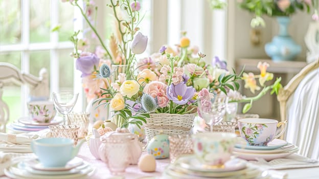 Easter table setting with painted eggs, spring flowers and crockery. Rustic style, selective focus