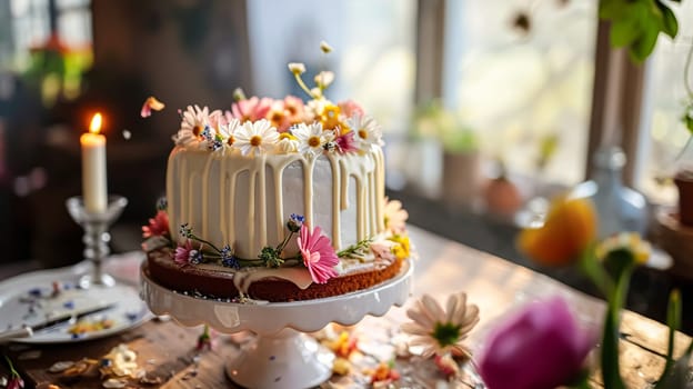 Birthday cake decorated with candles and flowers on the festive table with pink baloons. Selective focus