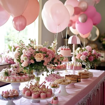 Birthday table decoration with sweets, flowers, candles and pink balloons. Selective focus