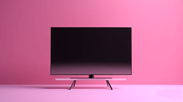 A modern flat-screen TV with a black screen stands on a pink background, front view.Copy space