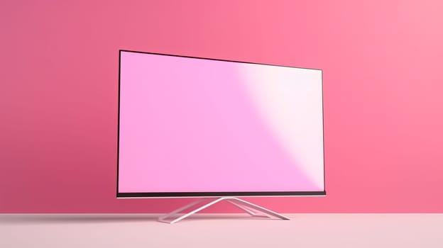 A modern flat-screen TV with a white screen stands on a pink background.Copy space