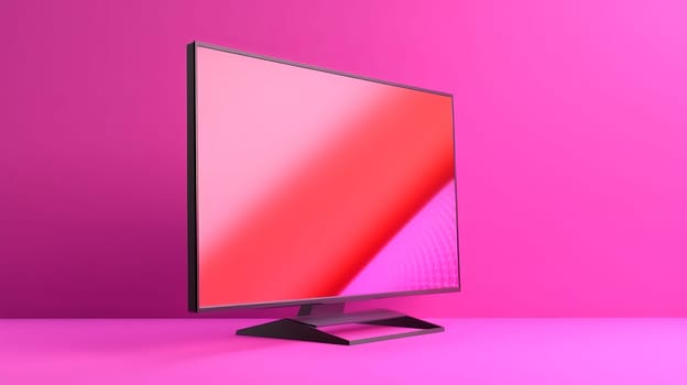 A modern flat-screen TV stands on leg on a pink background in neon light.Copy space