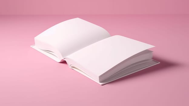 A white open book with a blank pages lies on a light-pink background. Mock up. Copy space
