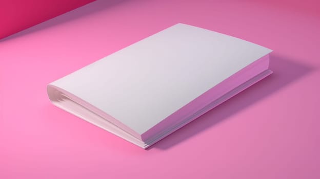 A white closed brochure lies on a pink background in neon light. Mock up. Copy space