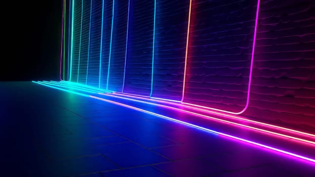 In a dark room, multi-colored neon ribbons glow on a brick wall.