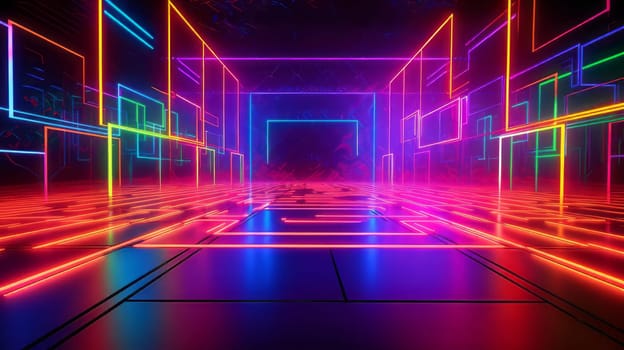 In a dark room , modern multi-colored neon glowing led on a wall and floor.