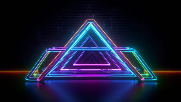 Triangular neon multicolor glowing LED lamps, on a brick wall, in a dark room.