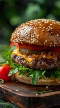 A close up of a hamburger, a staple food and fast food favorite, displayed on a wooden cutting board with a bun, plum tomato, leaf vegetable, and other ingredients