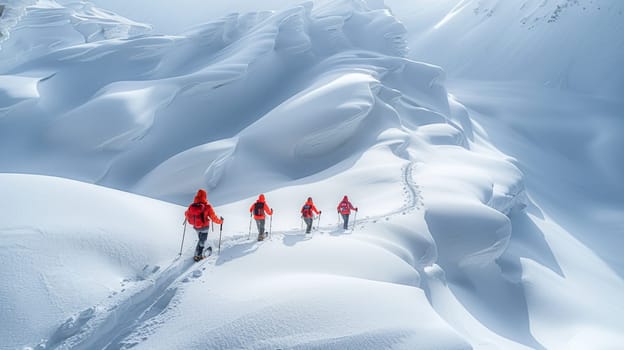 Trekkers ascending a snowy slope in a stark white winter landscape, endurance concept AI generated