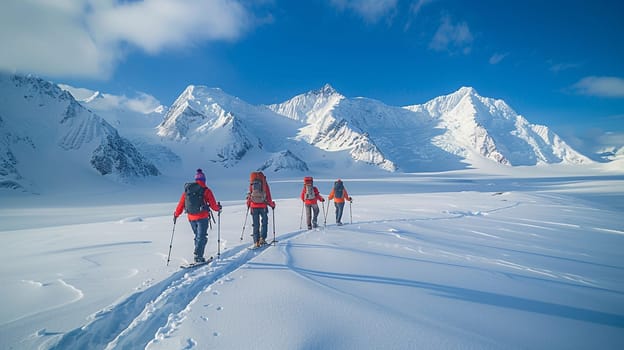 Mountaineers ascending a snowy slope in a stark white winter landscape, AI generated