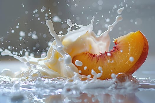 A slice of peach in a splash of milk. Peach yogurt or milkshake.