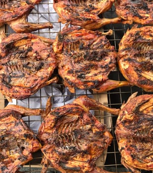 Delicious chickens wings and lamb barbecue on hot grill. High quality photo